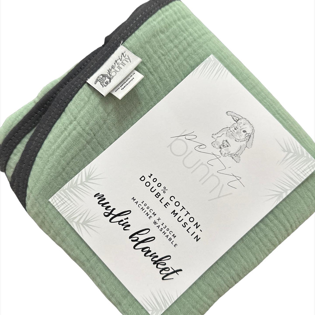 Extra large double muslin blanket - sage and charcoal trim