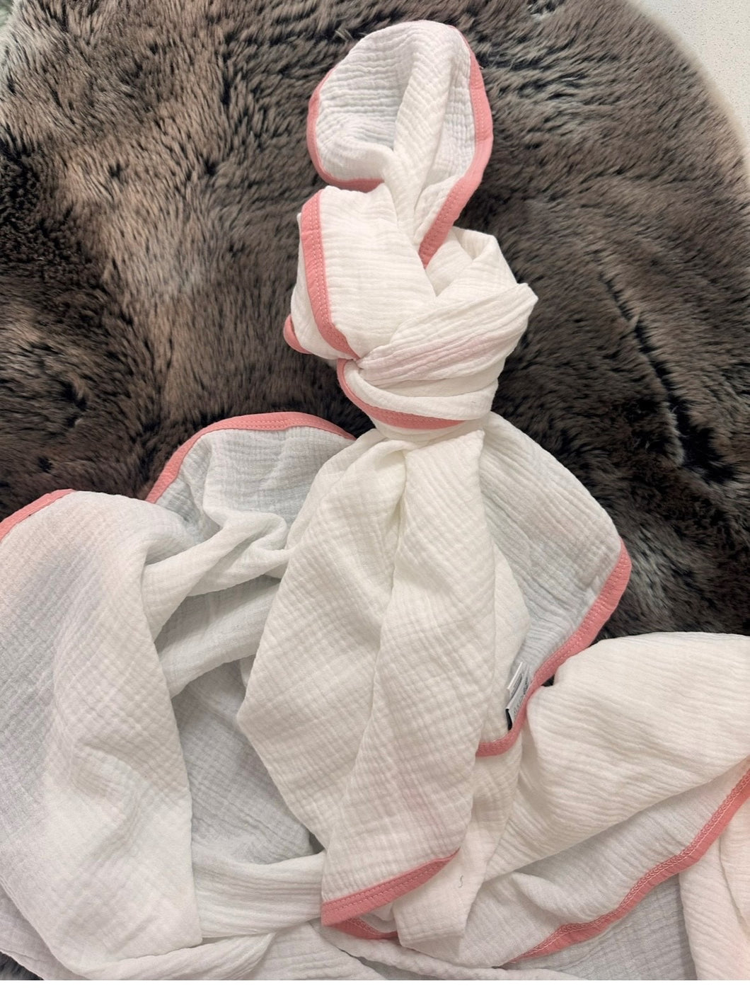 Extra large double muslin blanket - white and pink trim